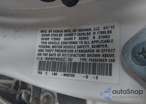 2012 Honda Civic Ex-L from USA, damaged, VIN 19XFB2F9XCE327362